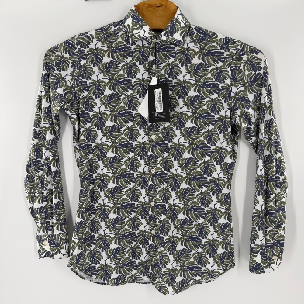 Caliban Skin Like Mens Slim Fit Tropical Monstera Leaf Print Button Down Shirt